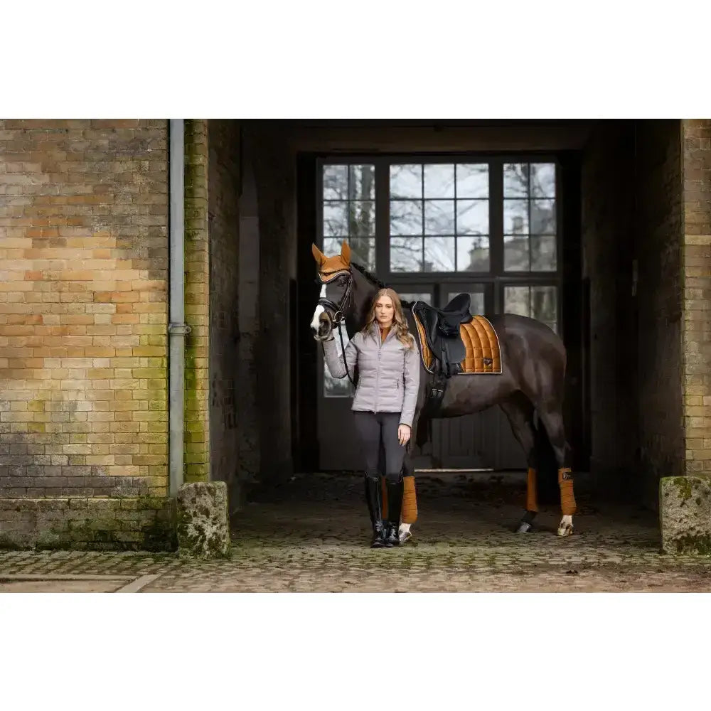 A dark brown horse with lemieux loire classic dressage square ginger saddle in tan accents stands by a rider