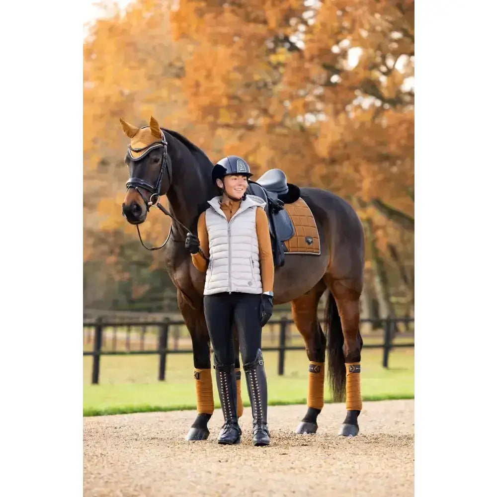 A dark brown horse with tan leg wraps and black saddle stands beside rider wearing lemieux loire classic dressage square ginger