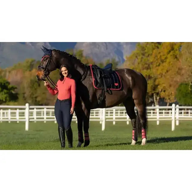 Dark brown horse wearing lemieux loire classic dressage square navy cranberry with black saddle and pink trim