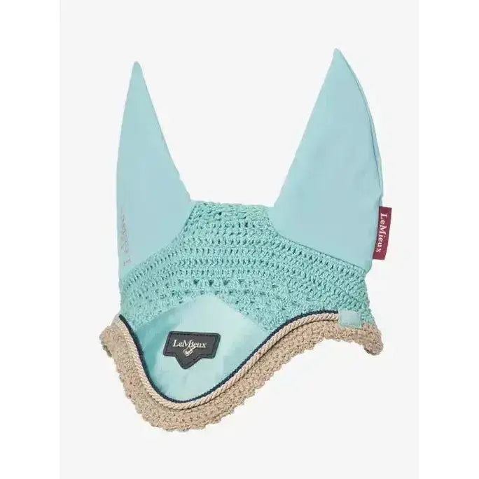 Light blue crocheted lemieux loire fly hood aqua with woven rope trim and lemieux branding