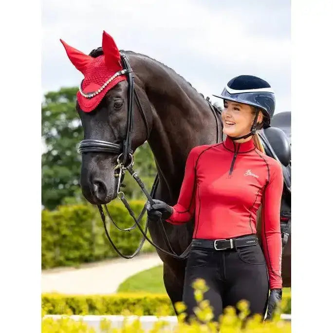Red lemieux loire fly hood chilli with pearl embellishments for equestrian use and stylish fly protection