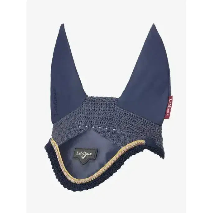 Navy blue crocheted lemieux loire fly hood with gold trim and lemieux branding fly hood dusk style