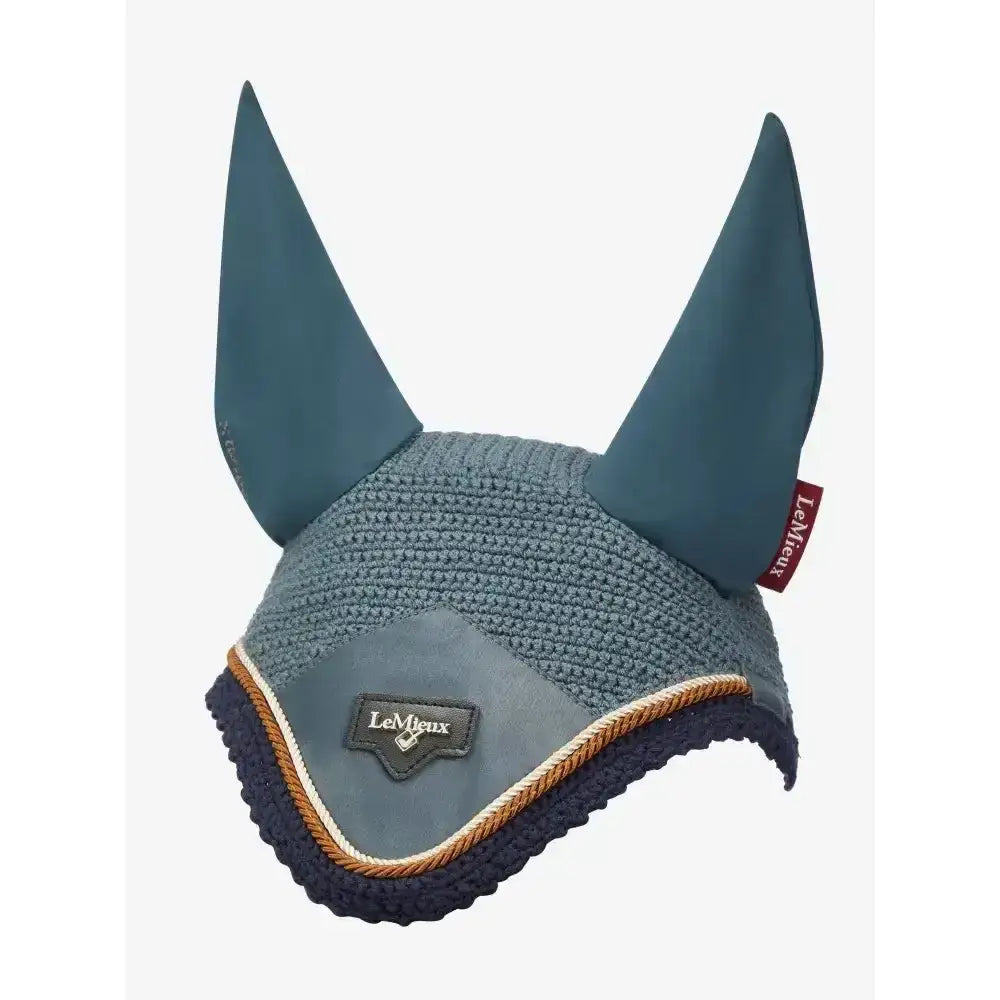 Lemieux loire fly hood petrol in teal and navy with textured knit body padded ears and braided trim for riding use