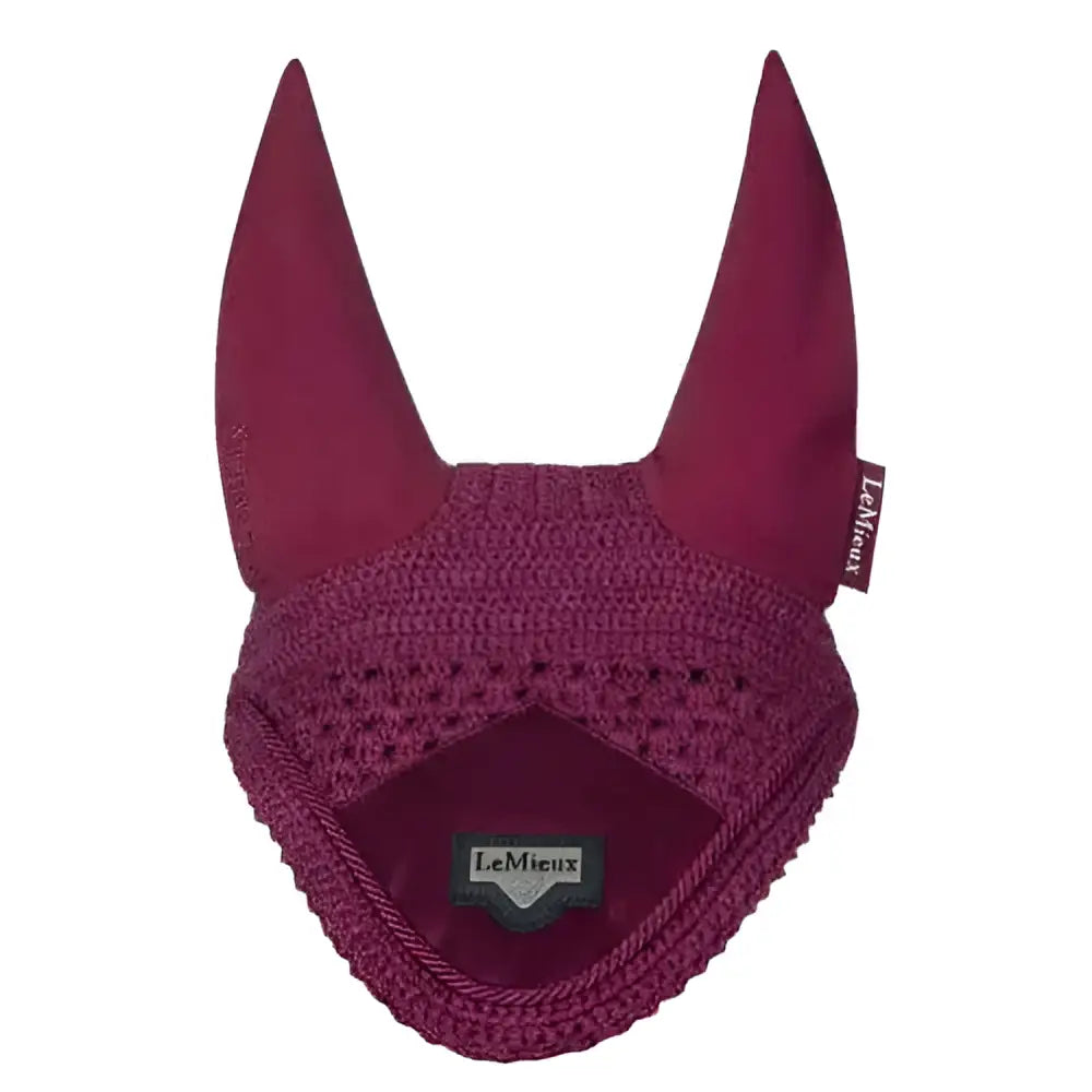 Maroon knitted lemieux loire fly horse ear bonnet with textured pattern and lemieux brand label