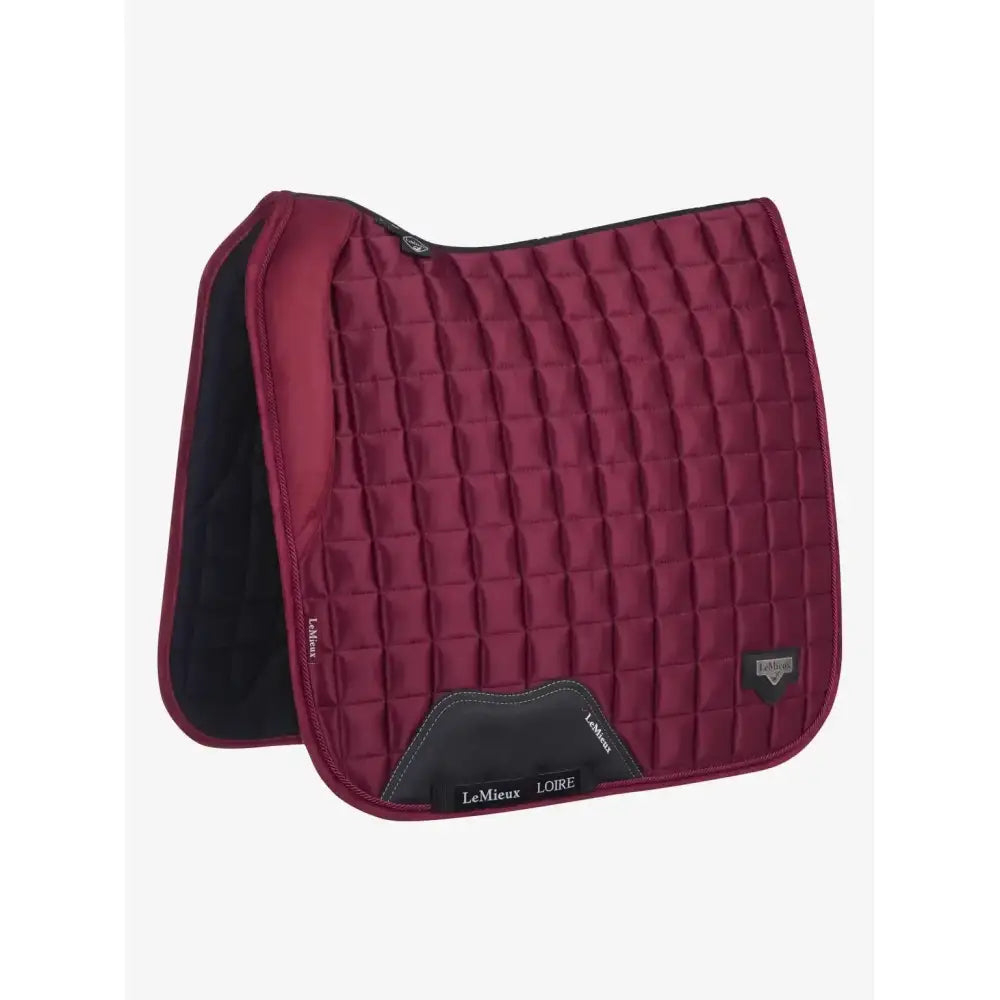 Maroon lemieux loire memory dressage square mulberry with black trim and branding quilted saddle pad