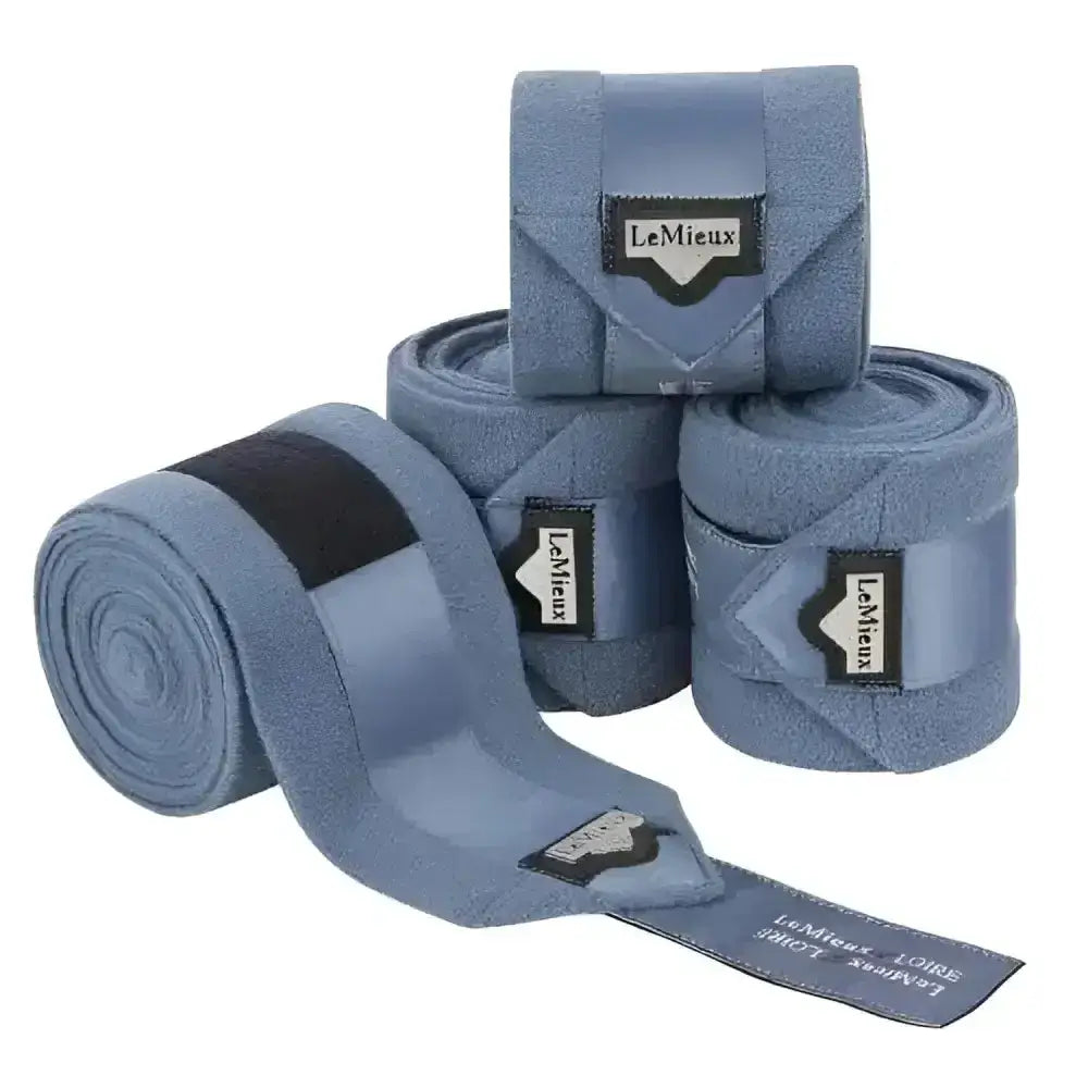 Lemieux loire polo bandages ice blue with black elastic band and branded label for horse leg support