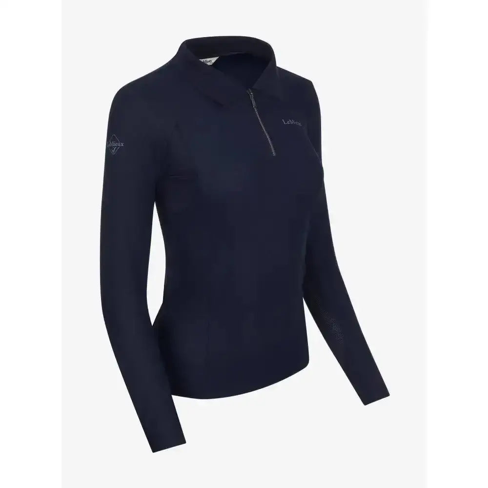 Navy lemieux long sleeve sport polo shirt with zip neck and subtle embroidered branding on chest and sleeve