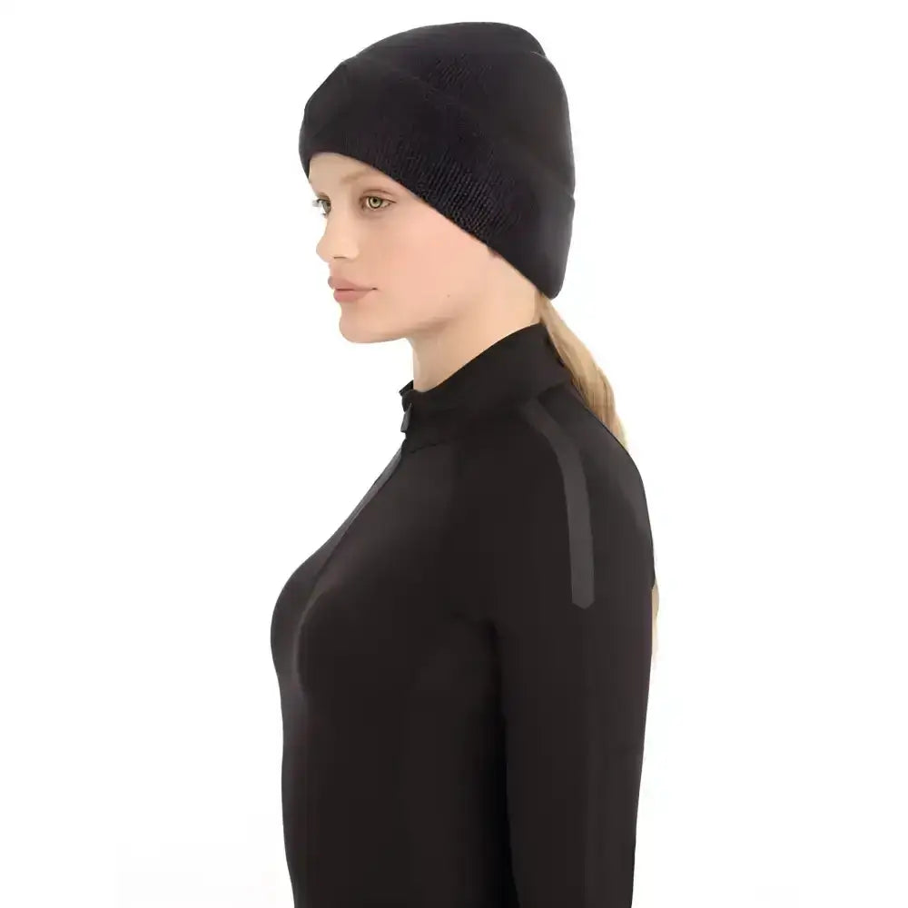 Black lemieux lumen beanie with reflective rib knit and cozy micro-fleece lining for cold weather wear