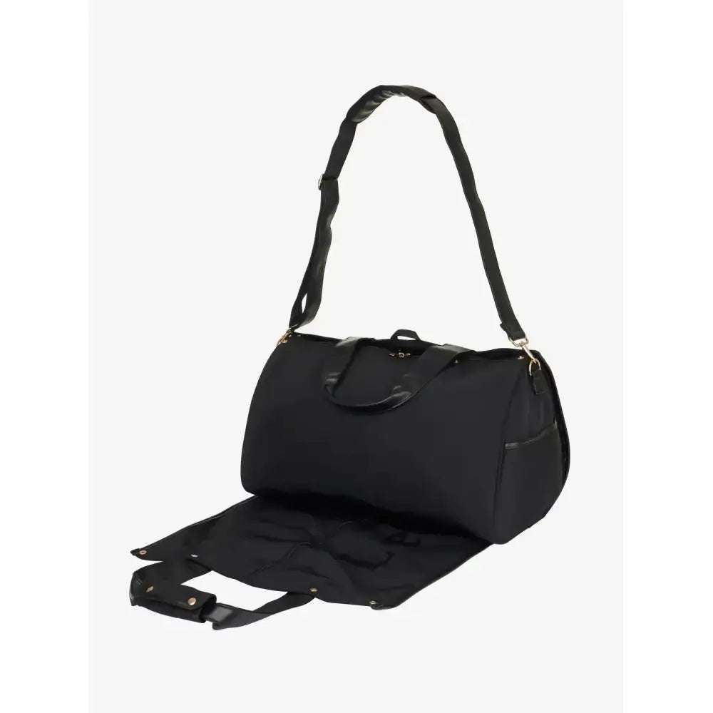 Black lemieux luxe jacket duffle bag with generous capacity featuring detachable strap and fold out garment section