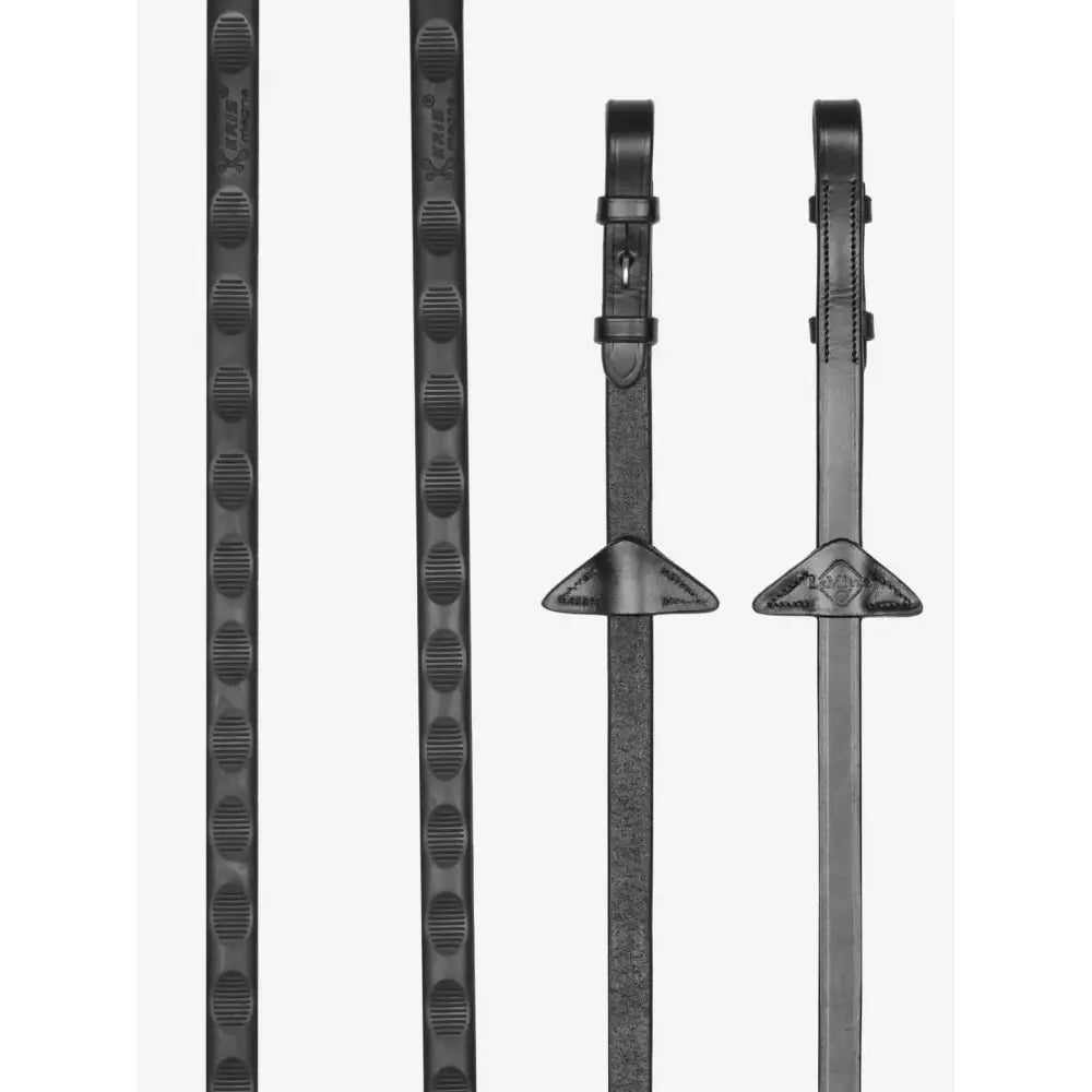 Black lemieux magna grip rubber reins with textured rubber overlay and stitched detailing for horse riding