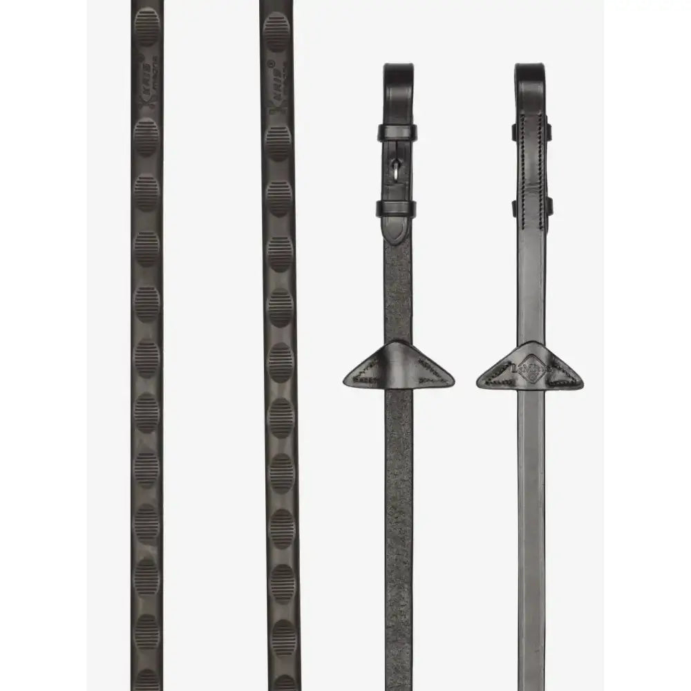 Black leather lemieux magna rubber reins brown with textured magna grip and silver metal hardware for horse riding