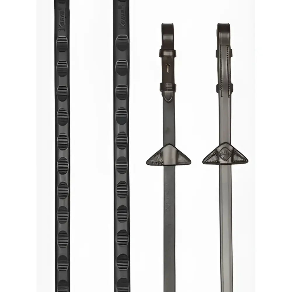 Black leather horse riding stirrups with textured oval patterns and triangular metal tips for lemieux magna grip rubber reins havana