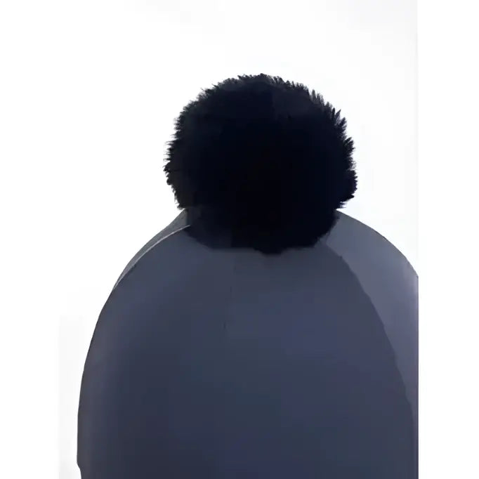 A plush black pom-pom tops the dark gray hood of the lemieux maria mesh hat silk dusk blue design