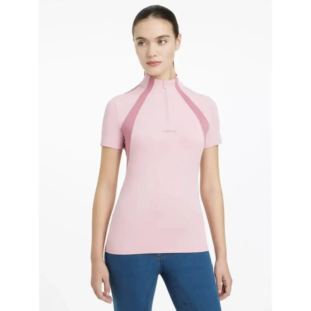 Pink short sleeve athletic top with contrasting panels lemieux maria mesh short sleeve baselayer blossom