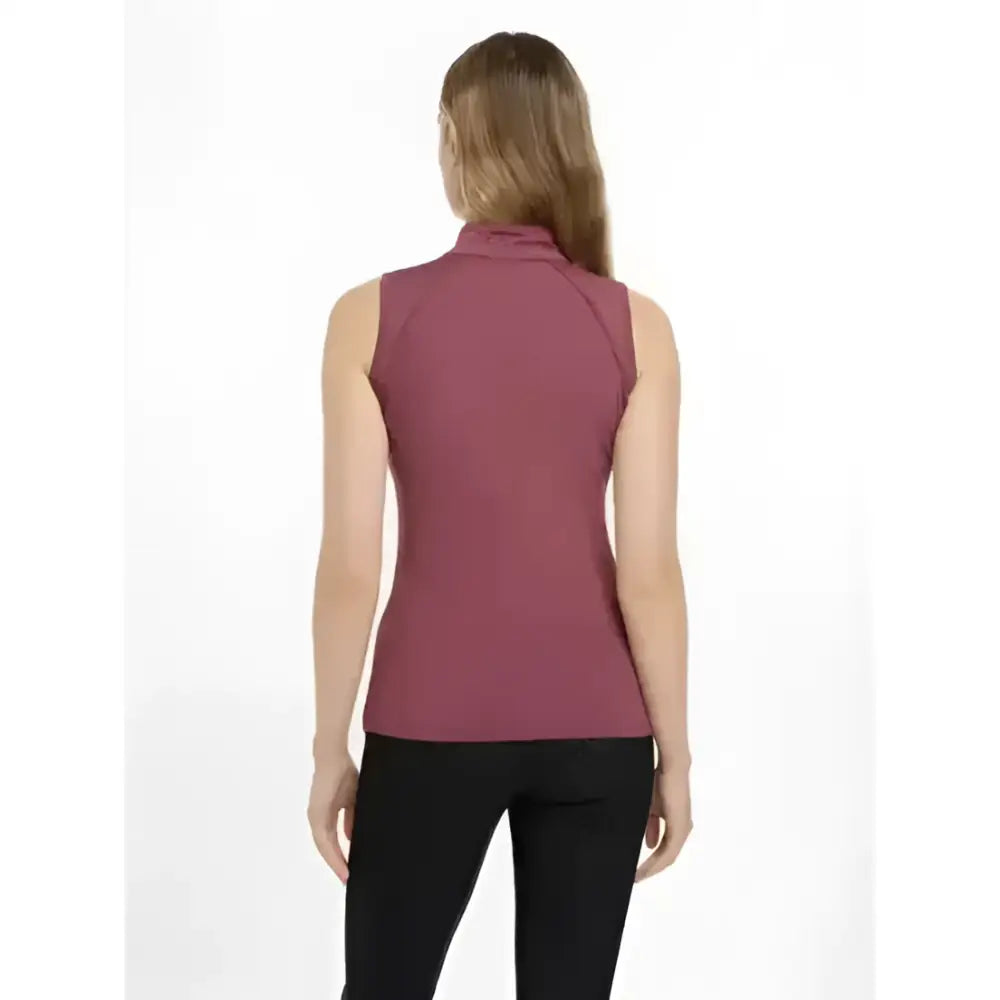 A sleeveless baselayer rosewood top with mesh fabric and a high folded collar from lemieux maria mesh collection