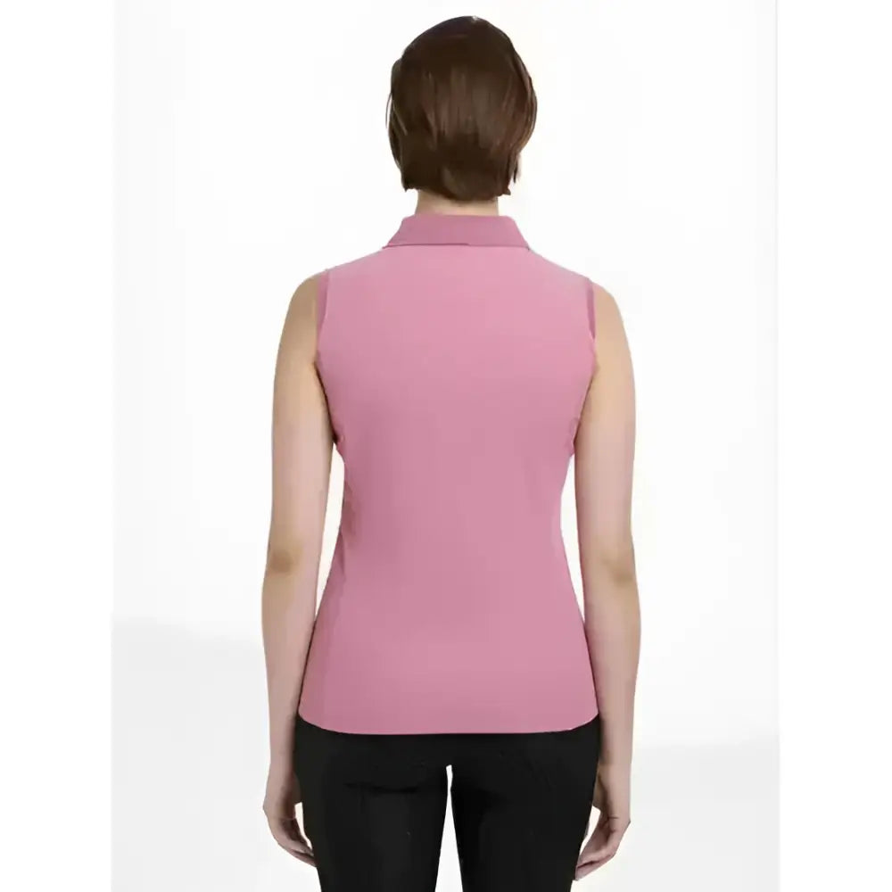 A sleeveless pink polo shirt with collar and subtle vertical ribbing perfect for lemieux marissa sleeveless polo peony fans