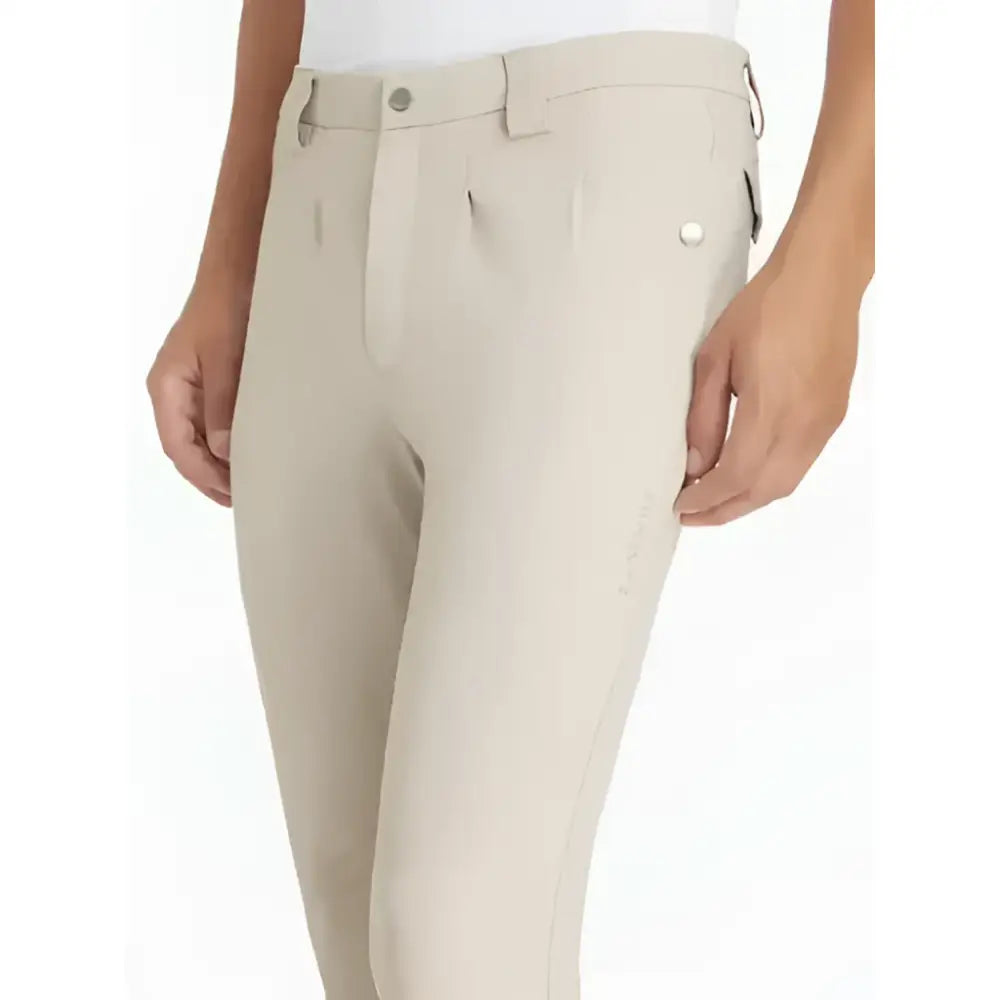 Beige lemieux mens classique breeches with a sleek tailored fit and subtle side seam branding perfect for riding