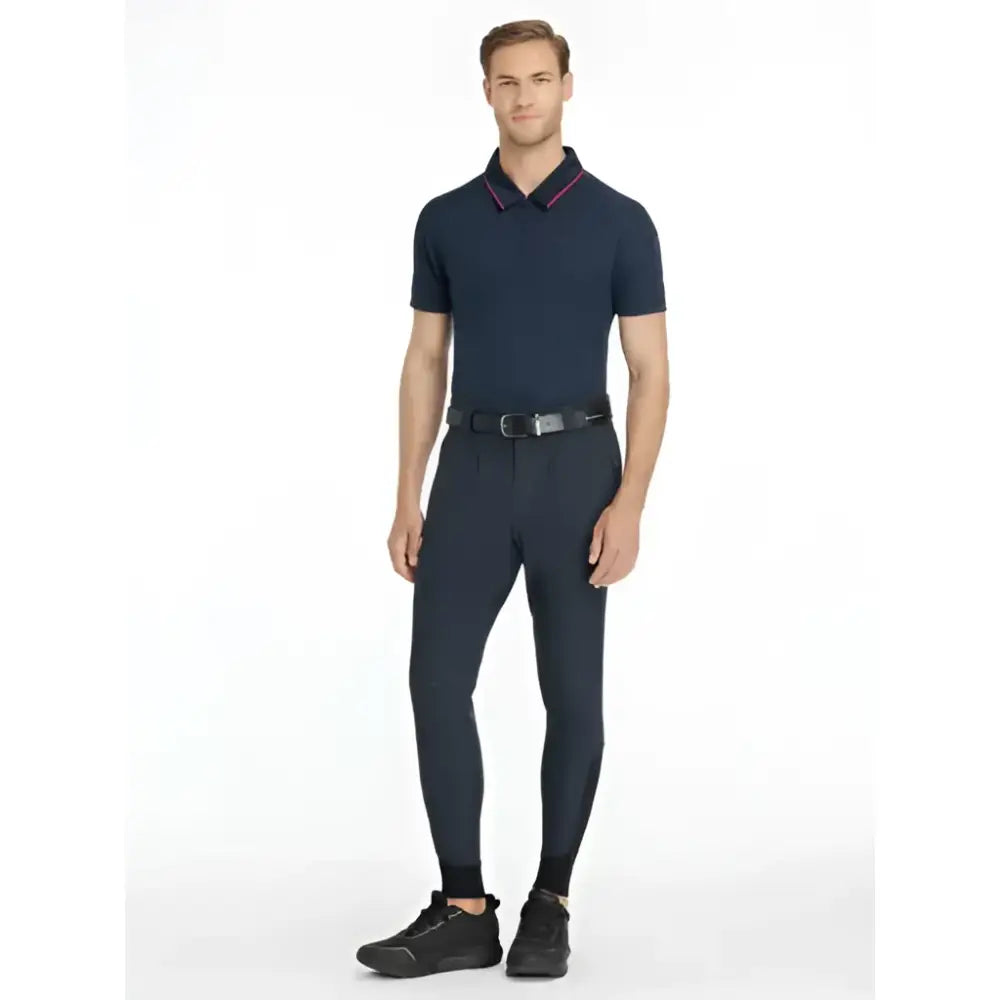 Navy blue lemieux mens classique polo shirt with subtle pink collar trim perfect for mens classique breeches navy outfits