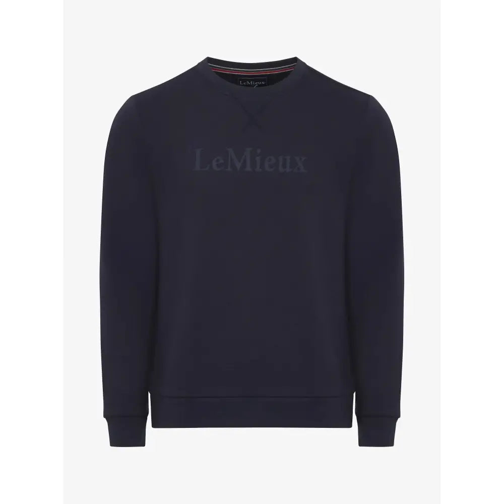 Dark navy blue lemieux mens elite round neck sweater with subtle tonal le mieux logo embroidered on chest