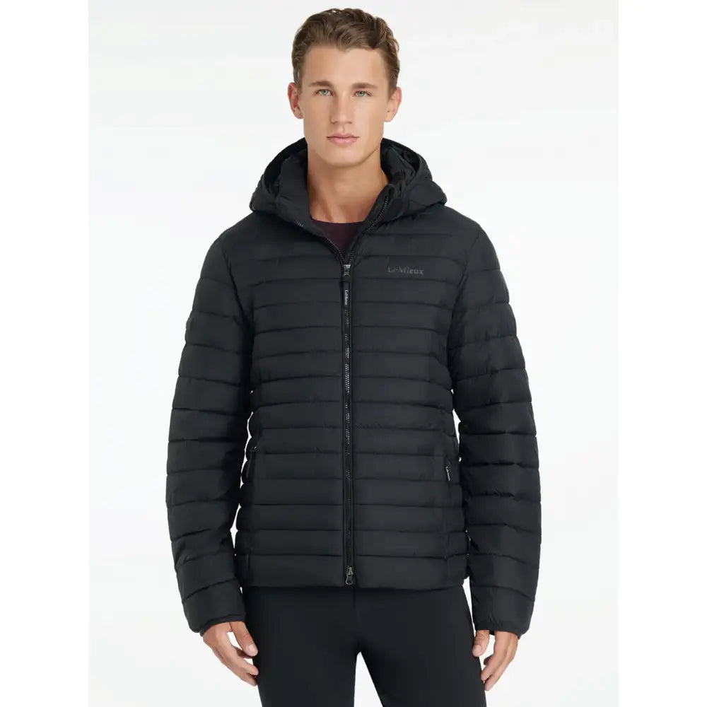 Lemieux mens hooded black quilted puffer jacket with full zipper and subtle chest logo perfect for cold weather