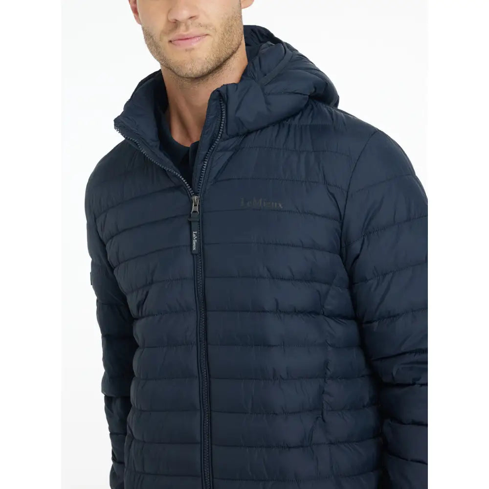 Lemieux mens hooded navy puffer jacket with quilted design and subtle chest logo perfect for cold weather