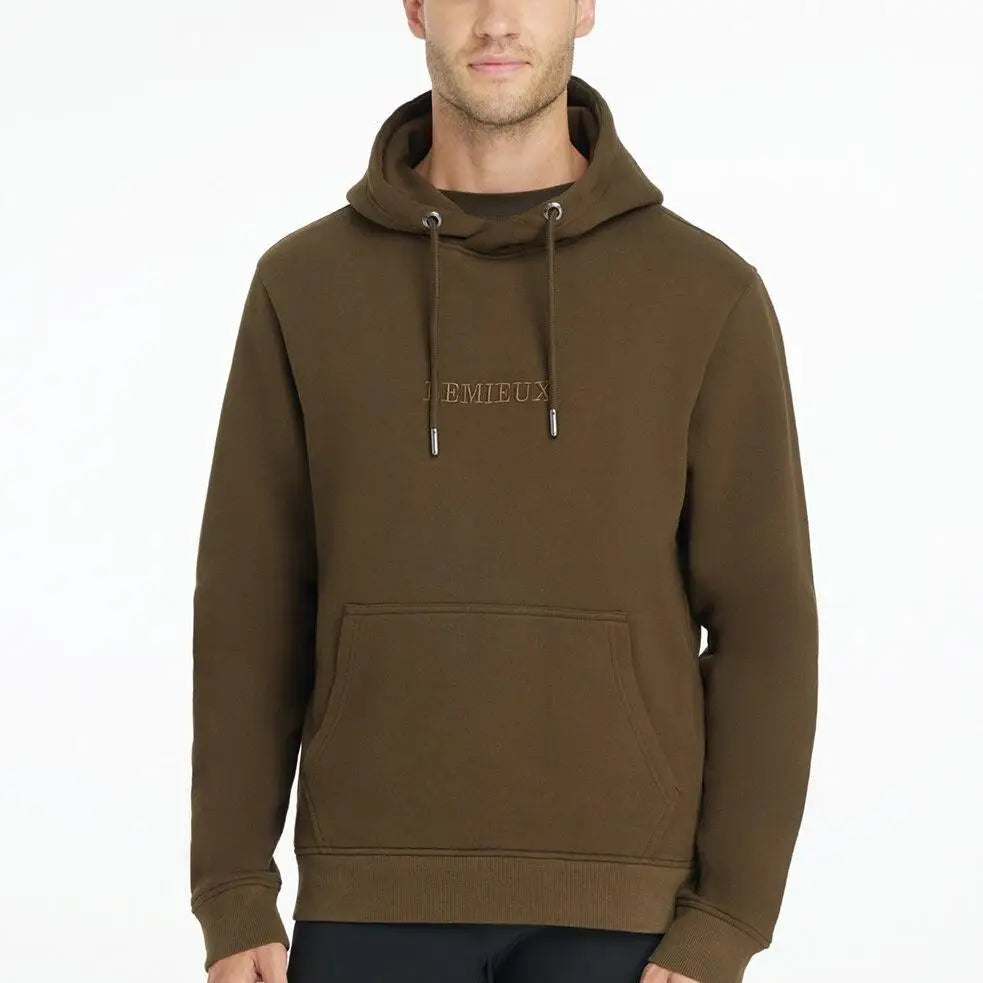 Olive green lemieux mens hoodie alpine with subtle embroidered logo and matching drawstrings for equestrian fans and horses