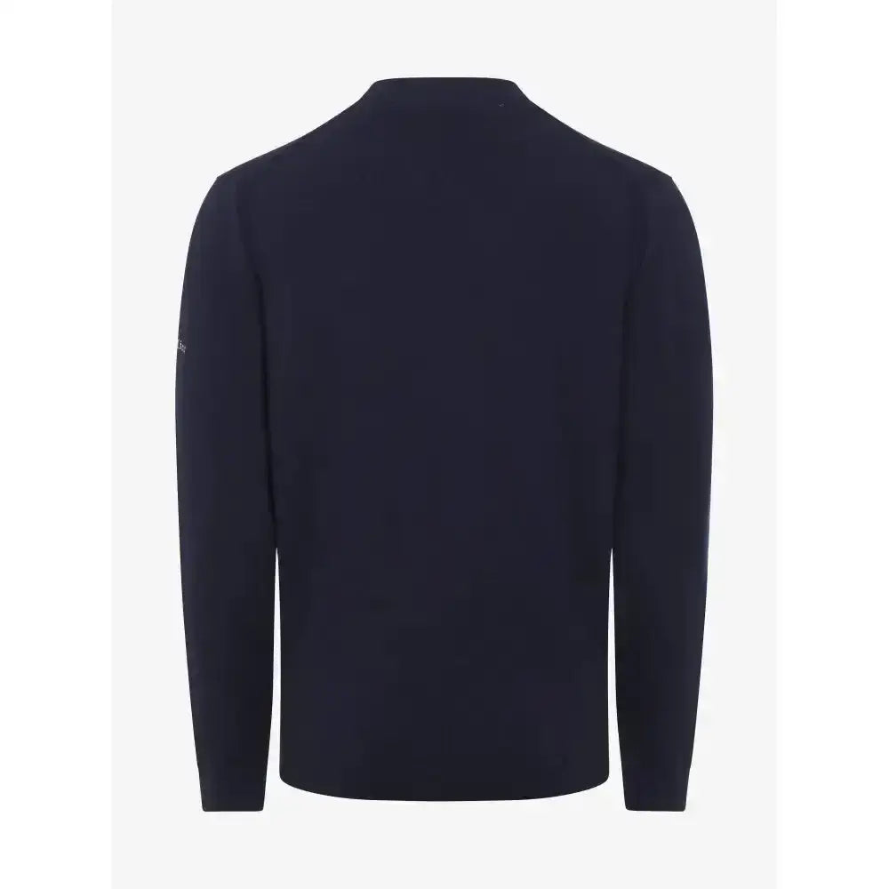 Lemieux mens knitted round neck jumper navy with long sleeves and subtle logo on left sleeve in dark navy color