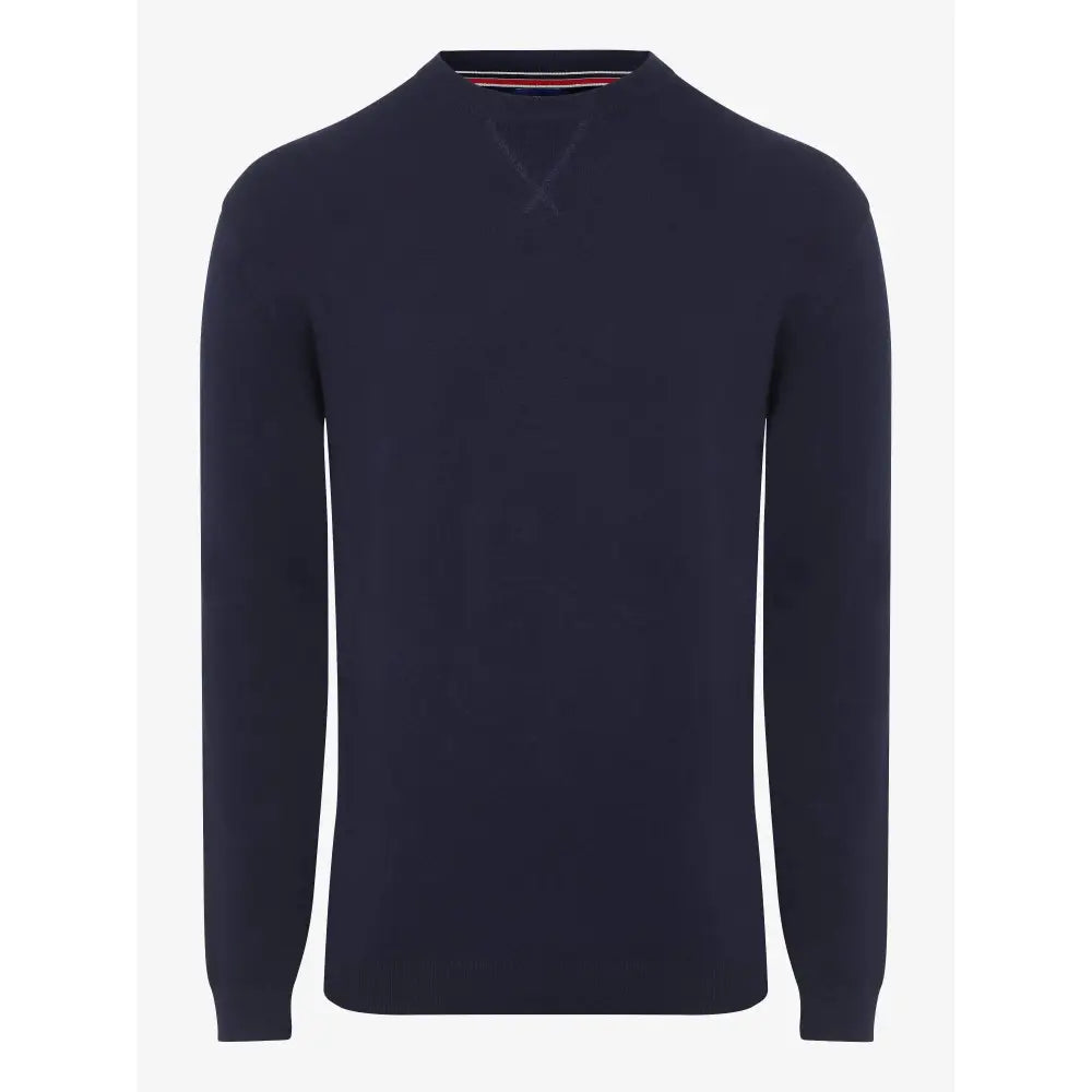 Navy blue lemieux mens knitted round neck jumper with ribbed cuffs and collar trim perfect for casual wear