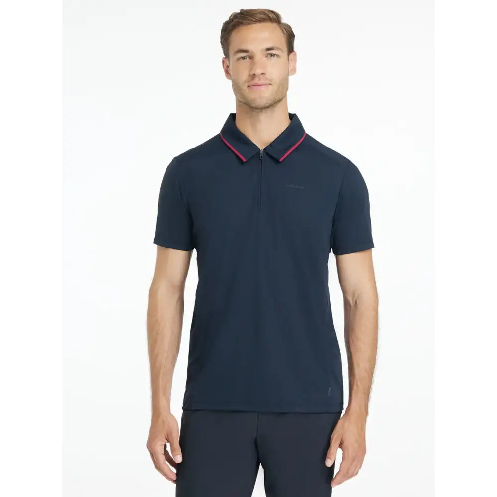 Navy blue lemieux mens performance polo with pink collar trim and subtle chest logo perfect for active wear