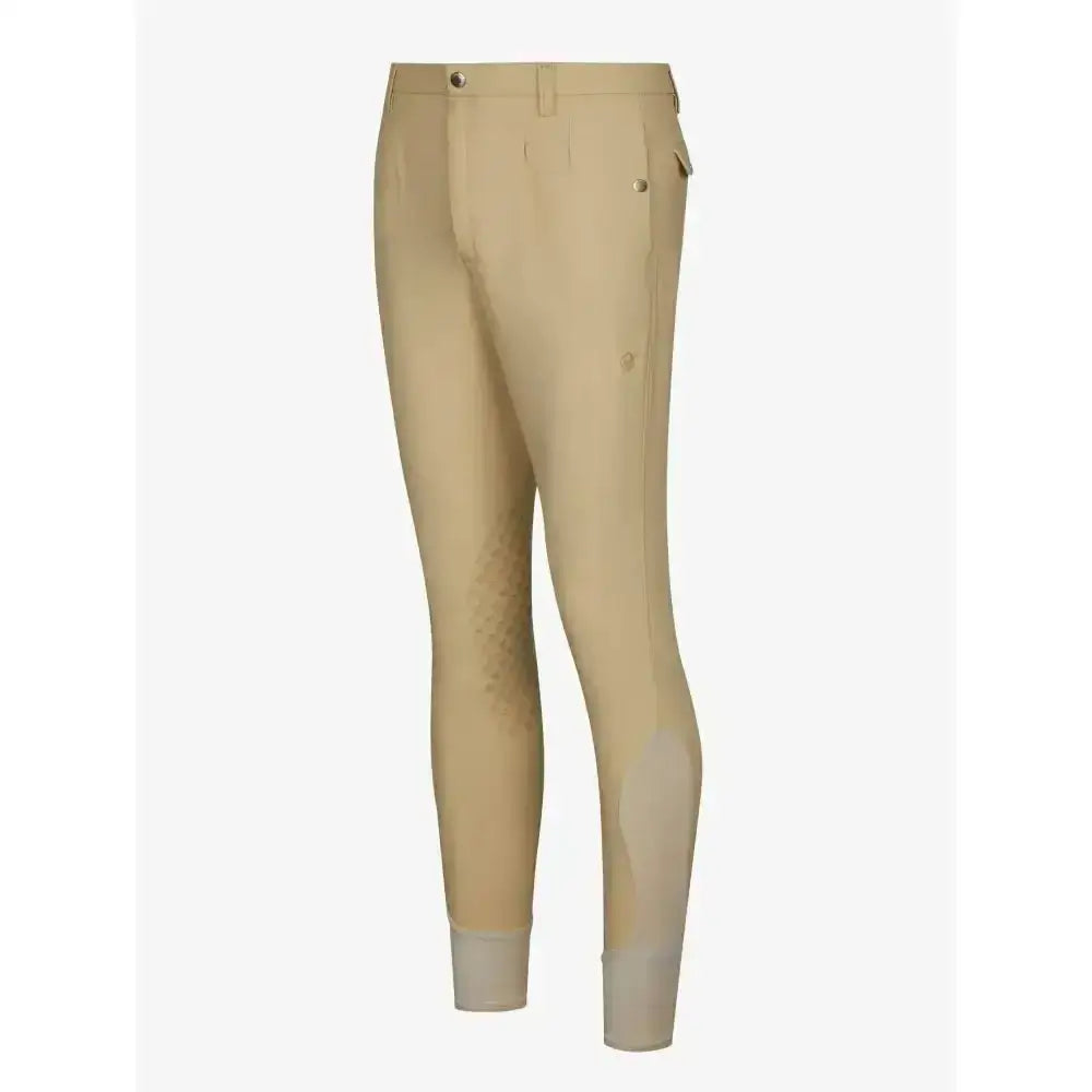 Beige lemieux mens pleated breech with reinforced knee patches and tapered fit reduces bulk for riding comfort