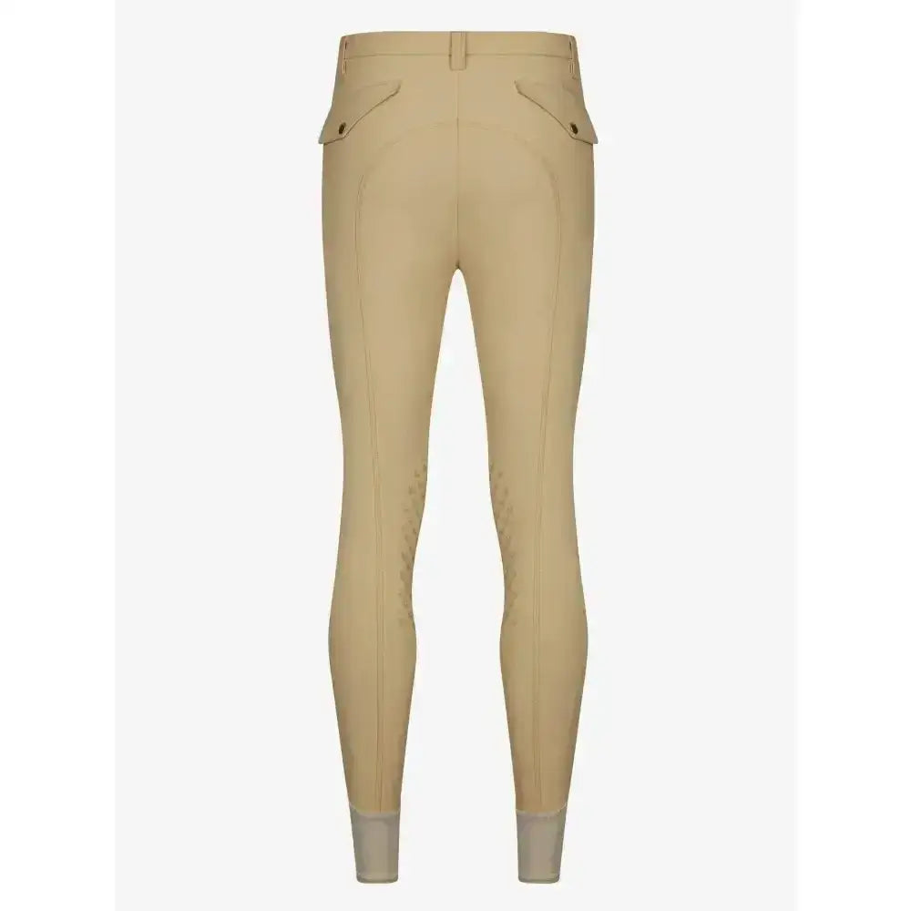Beige lemieux mens pleated breeches shown from the back with tapered fit reduces bulk and reinforced cuffs