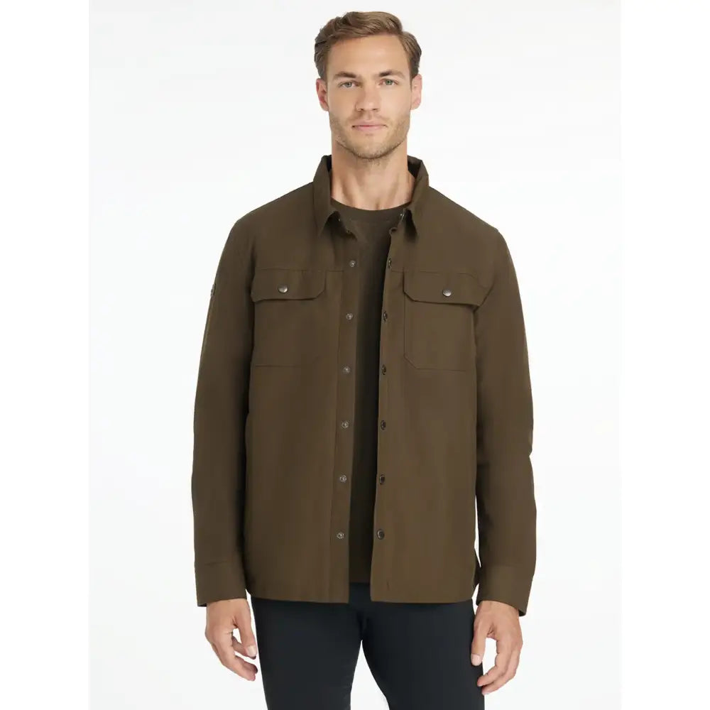 Lemieux mens showerproof olive green button-up shacket with two chest pockets and classic collar alpine style
