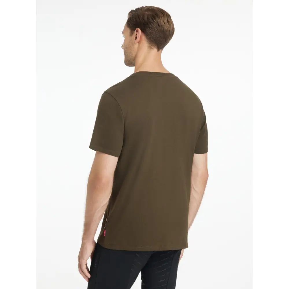 Olive green cotton lemieux mens t shirt alpine with a subtle red tag on the lower left side