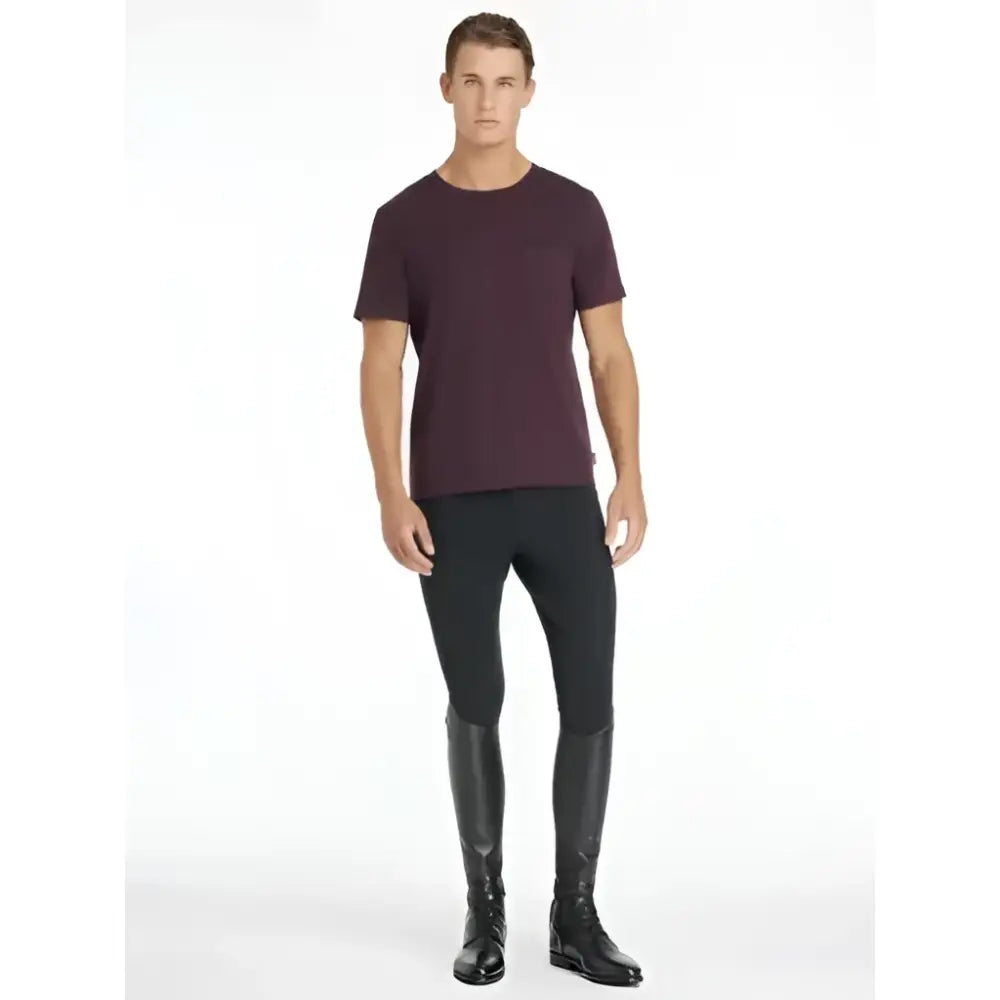 The lemieux mens equestrian t-shirt is dark burgundy with a chest pocket and ribbed hem perfect for horse lovers
