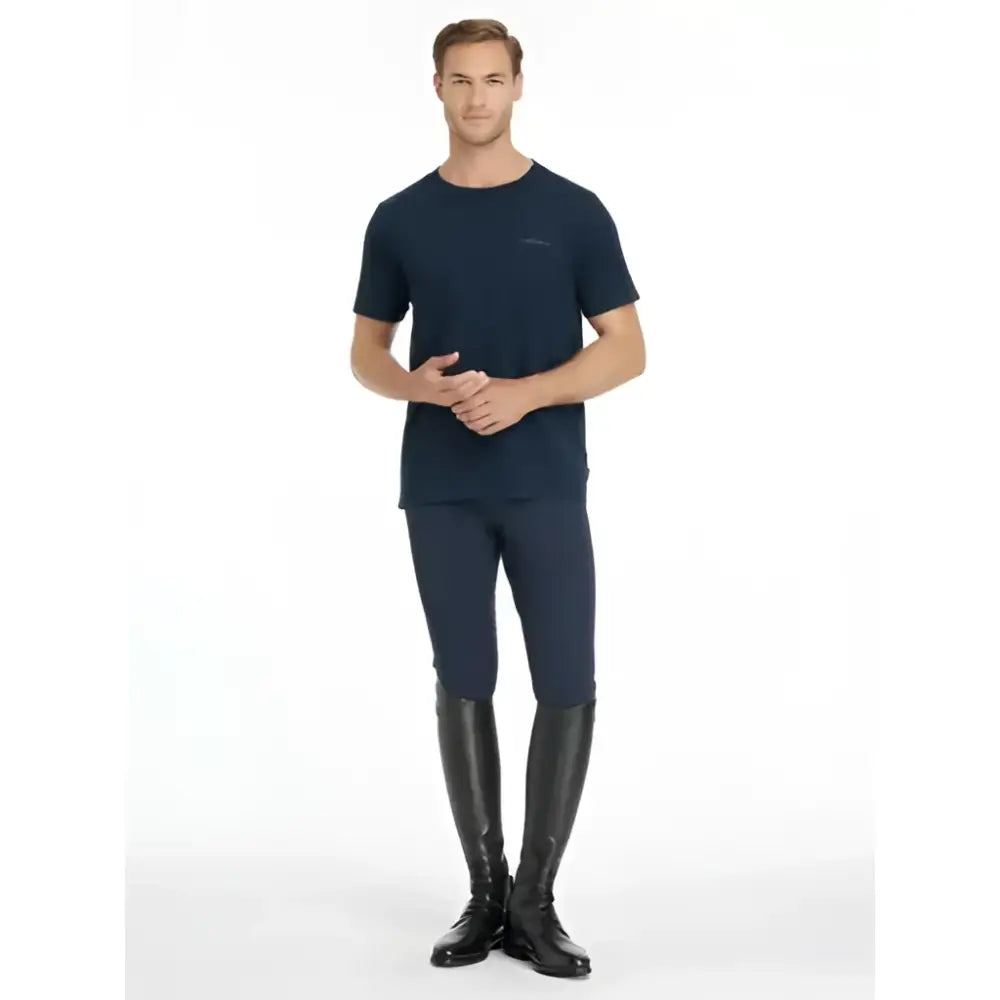 Navy lemieux mens short sleeve equestrian t shirt with subtle chest logo perfect for casual horse riding days
