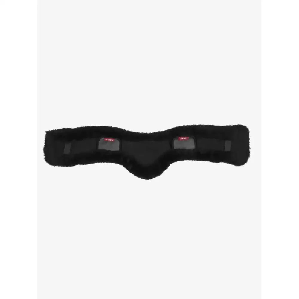 Black sheepskin-lined dressage girth cover black with red brand tags for anatomic dressage girth use
