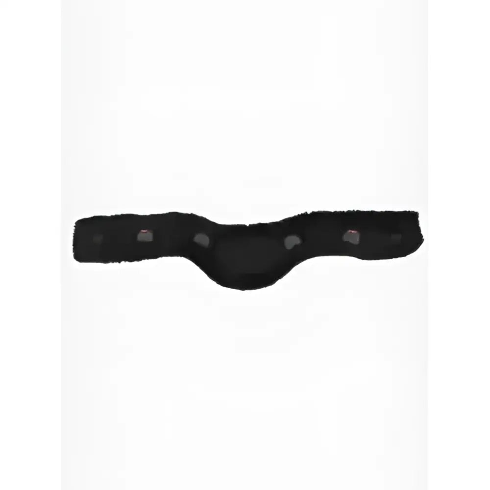 Black fuzzy anatomic jumping girth cover with adjustable straps and padded center section by LeMieux Merino+