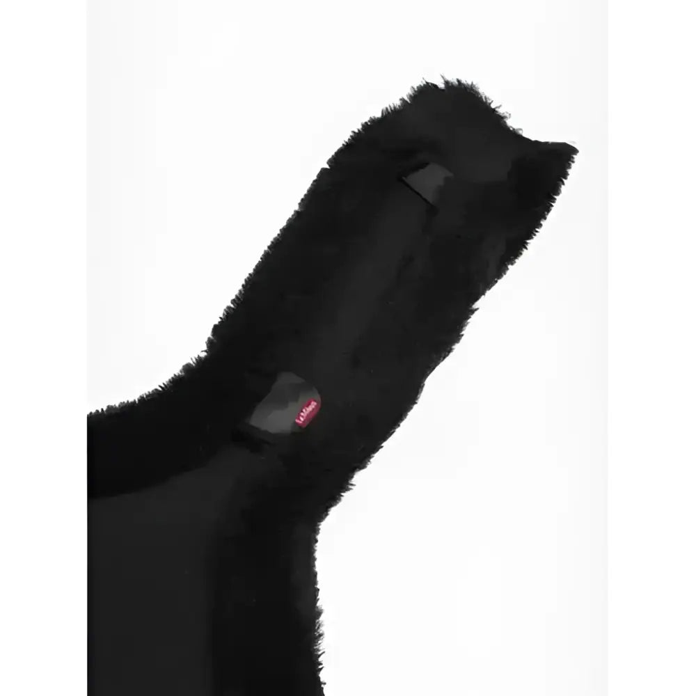 Black faux fur cat-shaped blanket with plush texture and red tag shown as anatomic long stud girth cover black