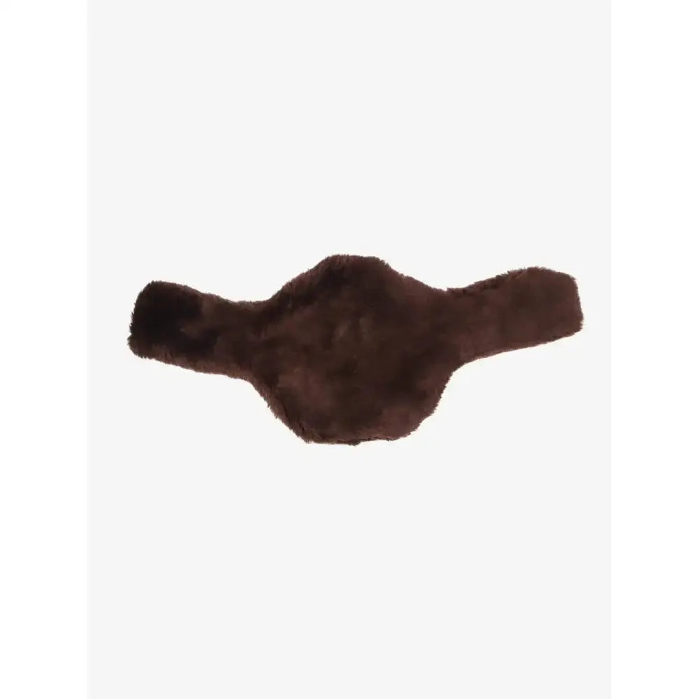 A plush dark brown faux fur girth cover brown with soft dense texture and ergonomic shape for anatomic long stud use