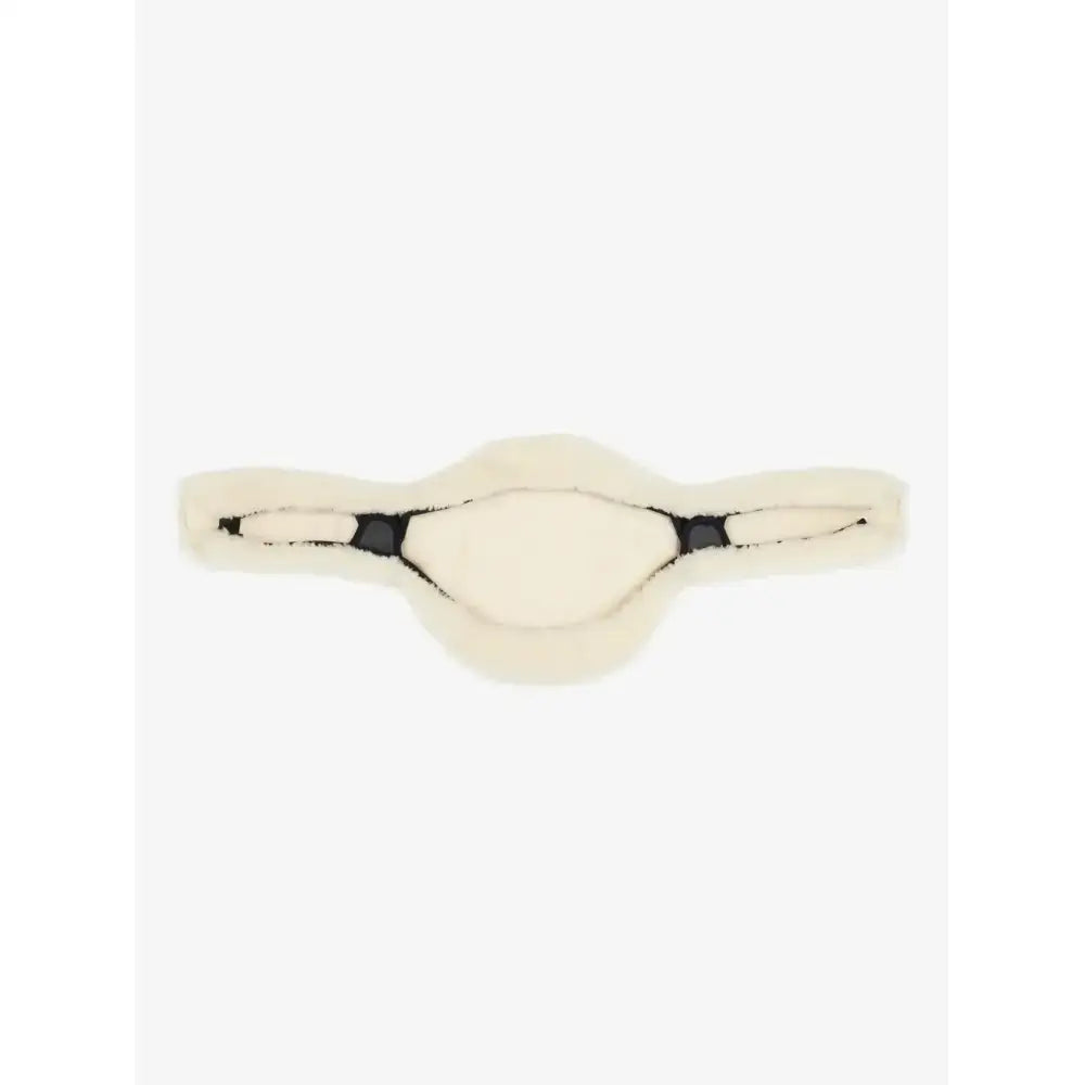 Cream-colored faux fur anatomic long stud girth cover natural with black trim and central buckle by lemieux
