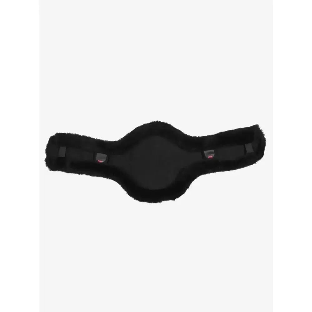 Black faux fur LeMieux merino+ anatomic short stud girth cover with smooth padded center and adjustable straps