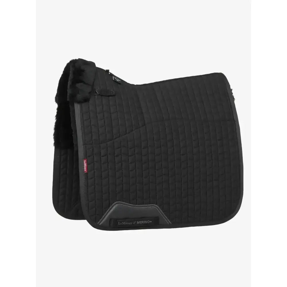 Black lemieux merino+ half lined dressage square with quilted design plush fleece lining and gray trim