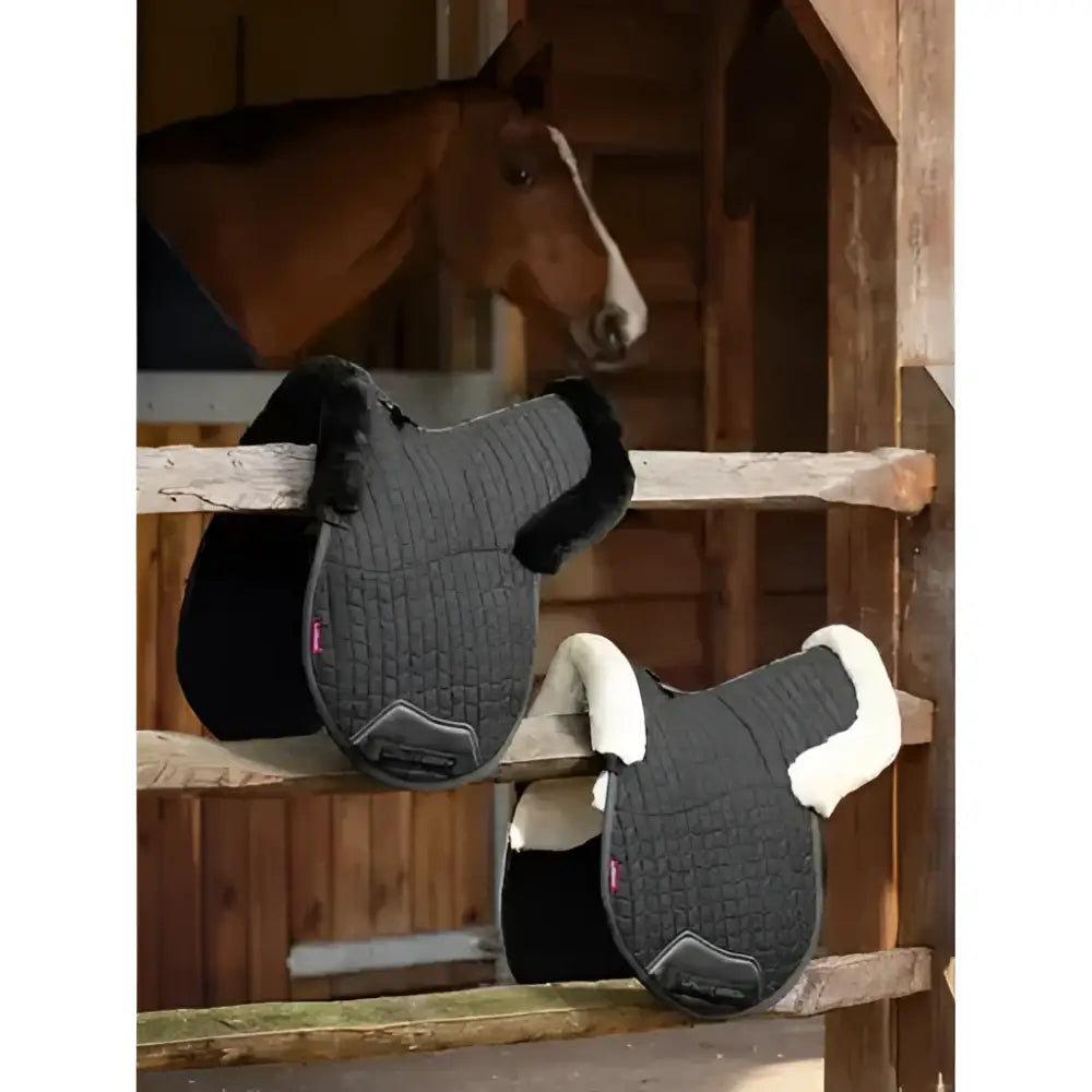 Black quilted lemieux merino+ half GP numnah with plush white and black fleece trim and soft dynamic wool structure