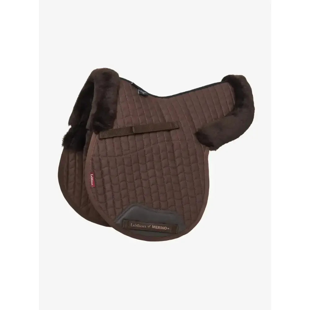 Brown quilted lined gp numnah with plush black fur trim and lemieux merino plus australian woolmark accredited label