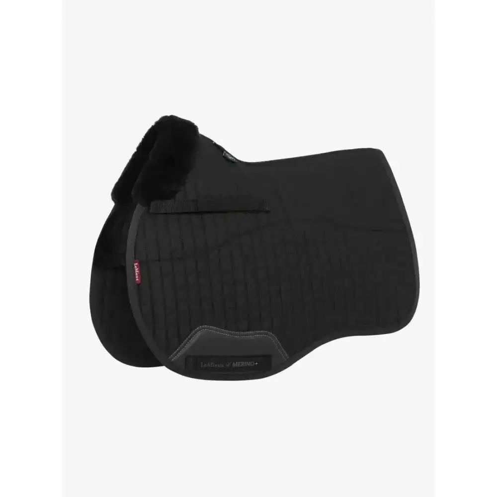 Black equestrian saddle pad lemieux merino+ with plush fleece trim and australian woolmark accredited lightweight cotton numnah