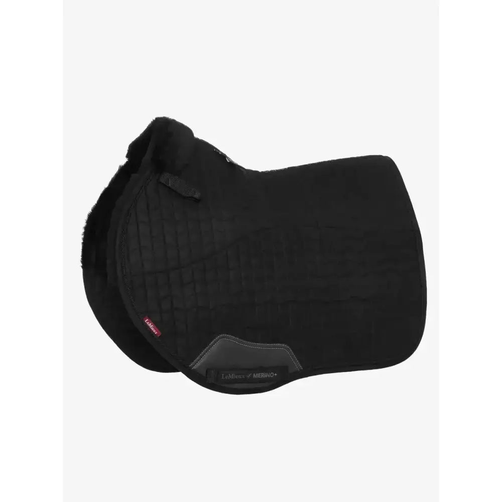 Black sheepskin half lined suede eurojump square black saddle pad with sleek contoured design and gray accent panel