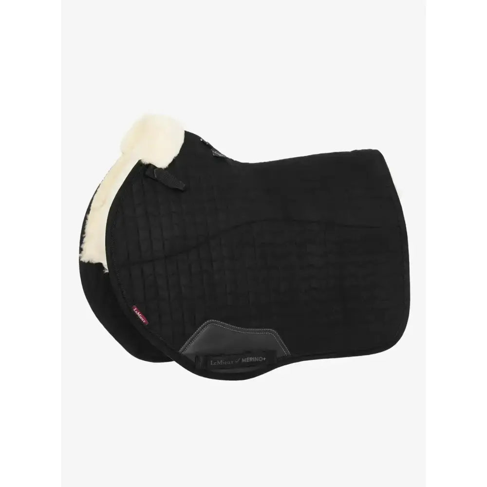 Black suede eurojump square saddle pad with plush white fleece border and reinforced gray fabric panels