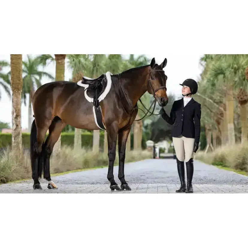 A sleek dark brown horse stands beside its rider wearing a white lemieux merino+ prosorb hunter saddle pad