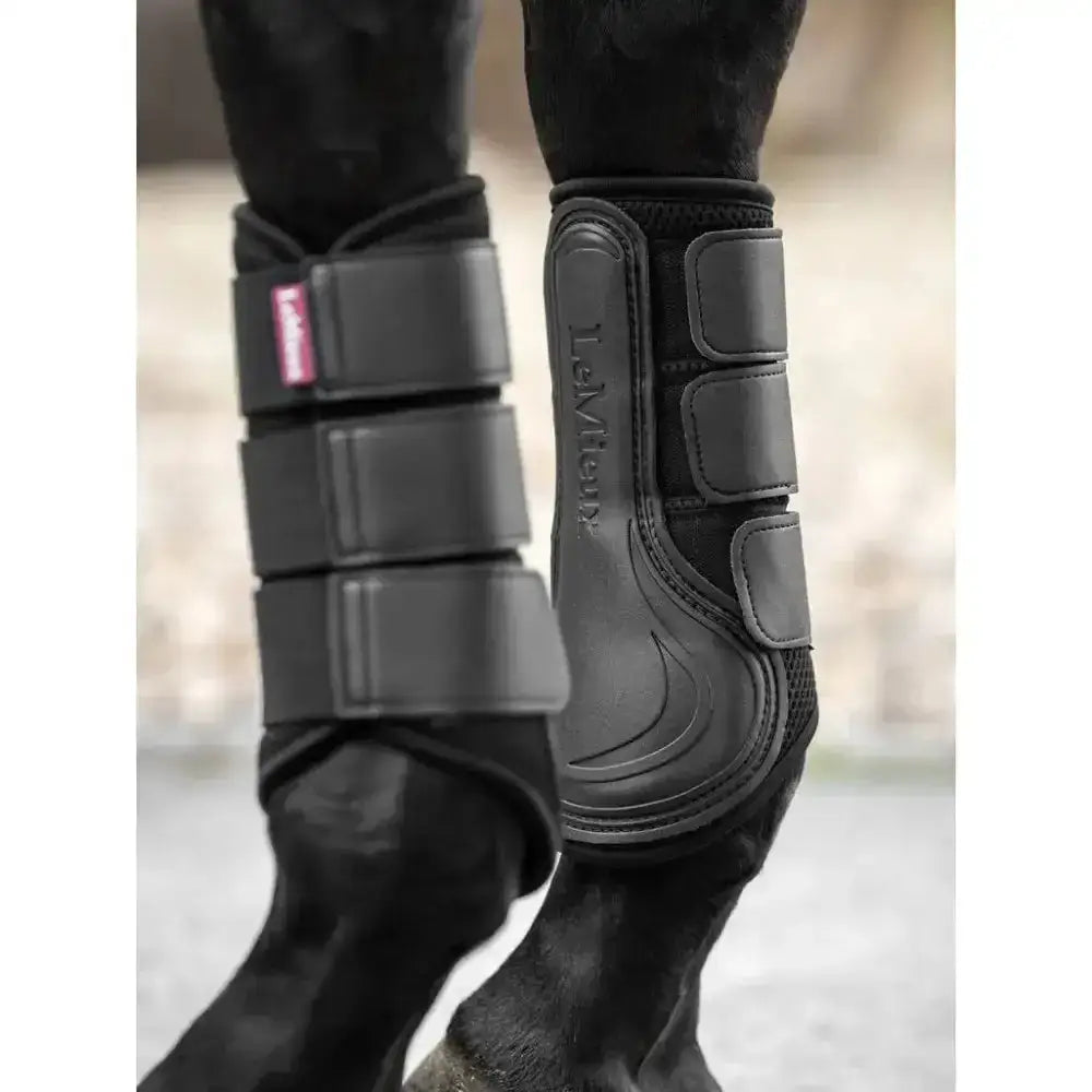 Black leather and synthetic lemieux mesh brushing boot with three straps and levitt branding on the side