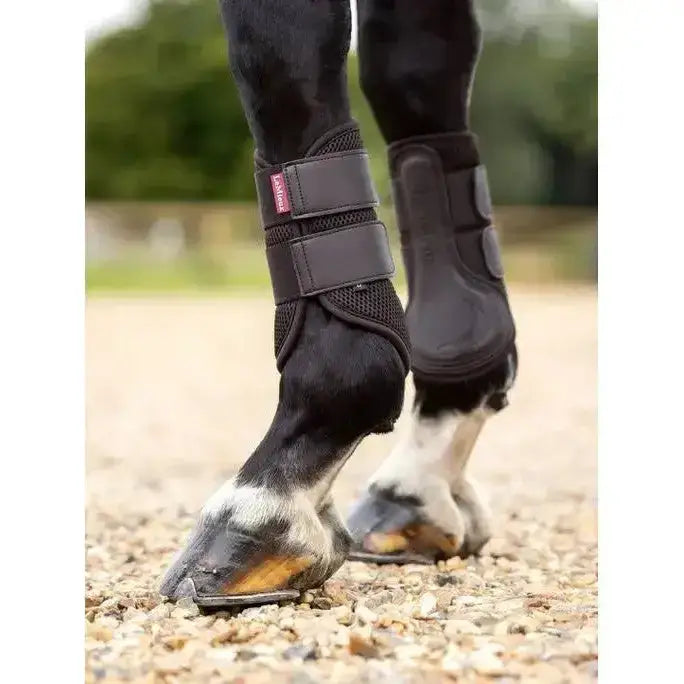Black lemieux mesh brushing boot brown with mesh and padded sections and red brand tag for hoof protection